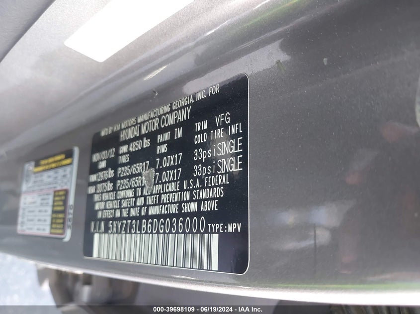 2013 Hyundai Santa Fe Sport VIN: 5XYZT3LB6DG036000 Lot: 39698109