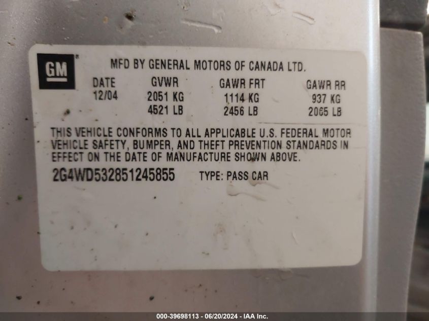 2005 Buick Lacrosse Cxl VIN: 2G4WD532851245855 Lot: 39698113