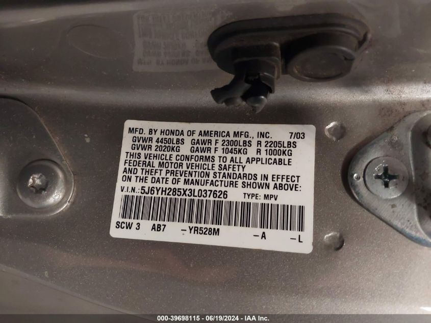 2003 Honda Element Ex VIN: 5J6YH285X3L037626 Lot: 39698115