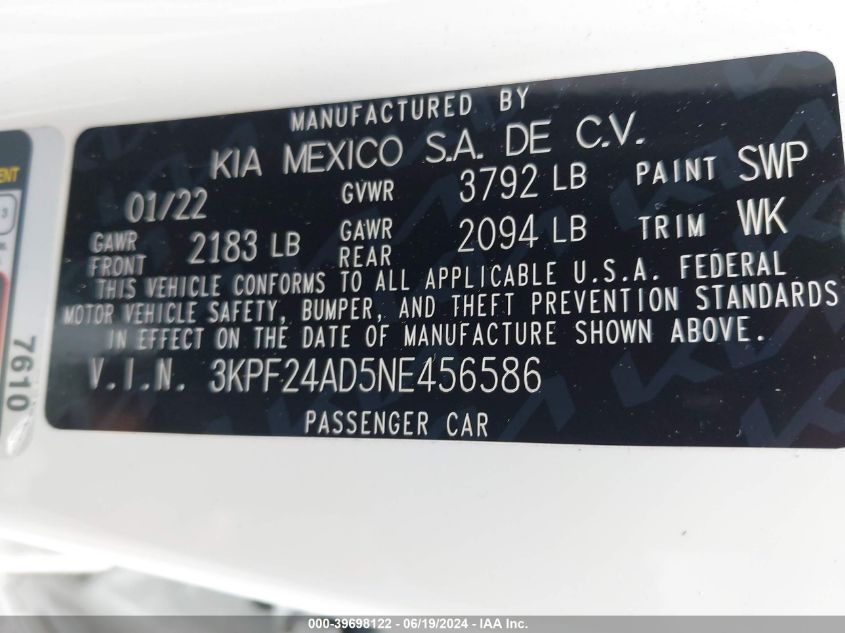 2022 Kia Forte Lxs VIN: 3KPF24AD5NE456586 Lot: 39698122