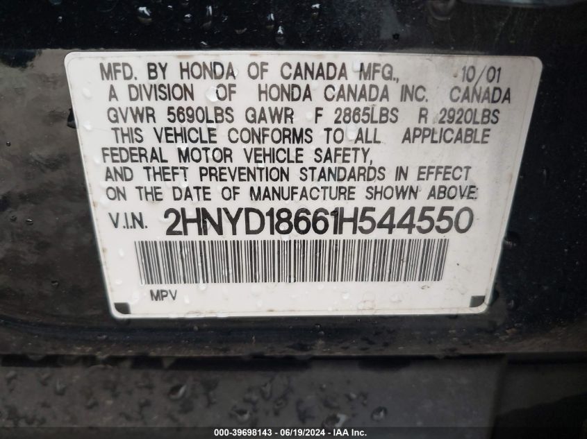 2001 Acura Mdx VIN: 2HNYD18661H544550 Lot: 39698143