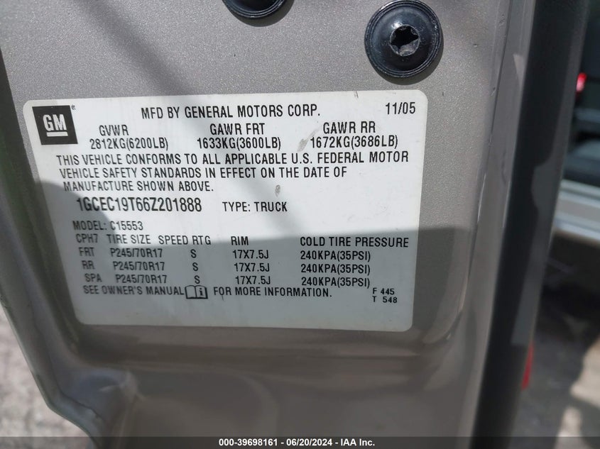 2006 Chevrolet Silverado C1500 VIN: 1GCEC19T66Z201888 Lot: 39698161