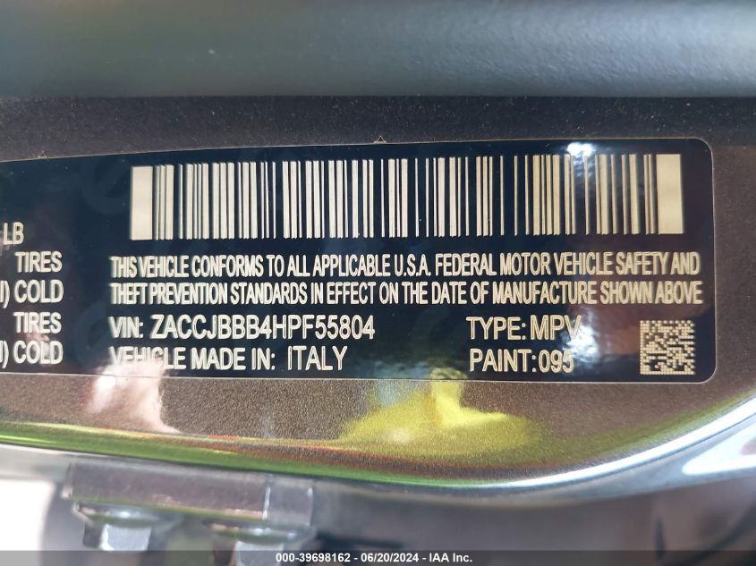 2017 Jeep Renegade Latitude VIN: ZACCJBBB4HPF55804 Lot: 39698162