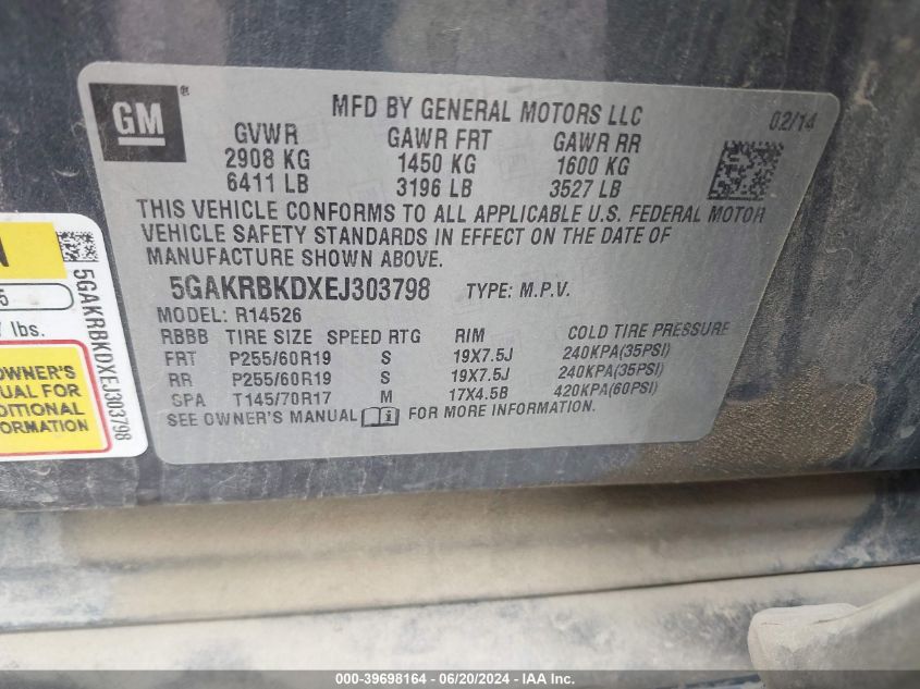 2014 Buick Enclave VIN: 5GAKRBKDXEJ303798 Lot: 39698164
