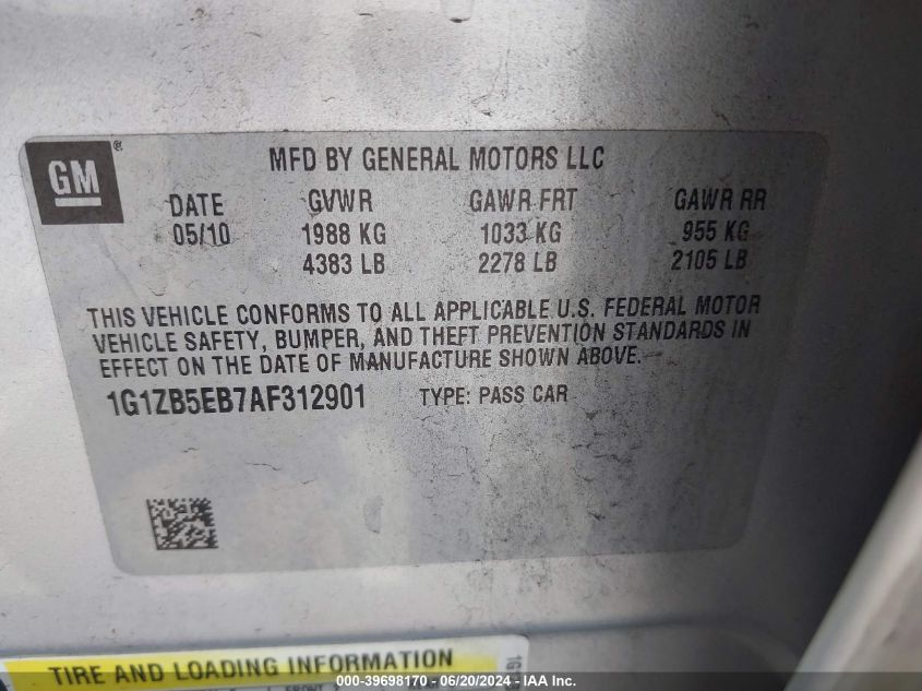 2010 Chevrolet Malibu Ls VIN: 1G1ZB5EB7AF312901 Lot: 39698170