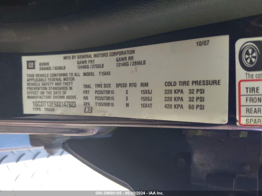 2008 Chevrolet Colorado Lt VIN: 1GCDT13E988147923 Lot: 39698185