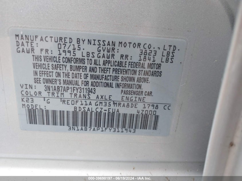 2015 Nissan Sentra S VIN: 3N1AB7AP1FY311943 Lot: 39698197