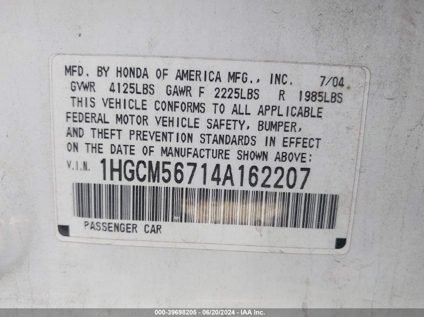 2004 Honda Accord 2.4 Ex VIN: 1HGCM56714A162207 Lot: 39698205