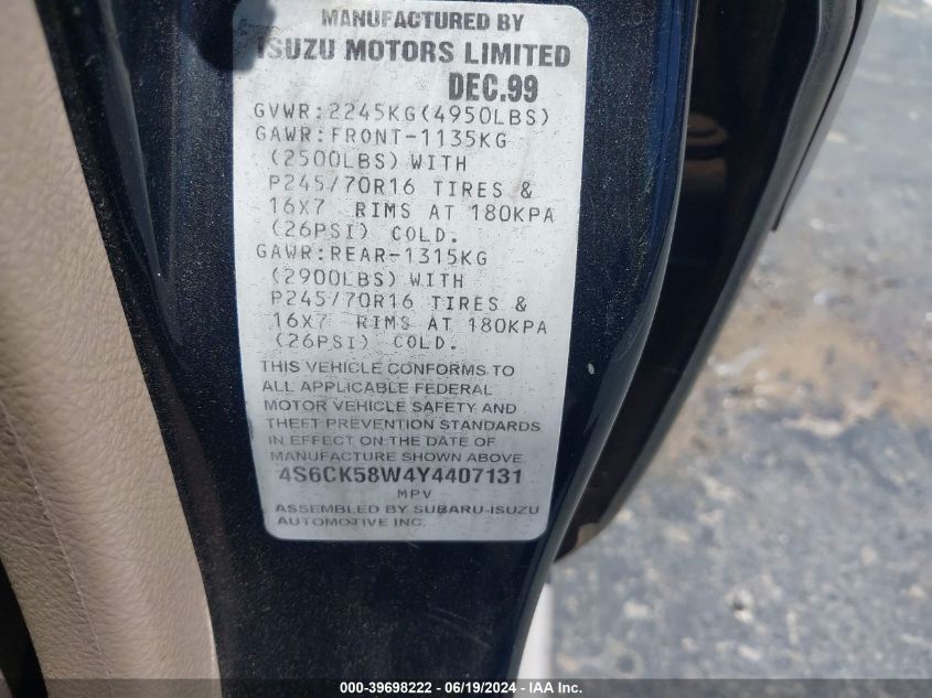 2000 Honda Passport Ex/Lx VIN: 4S6CK58W4Y4407131 Lot: 39698222