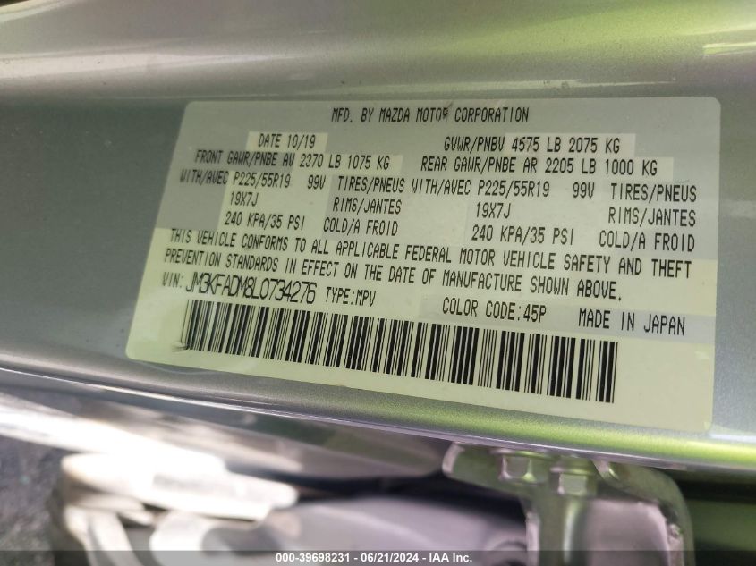 2020 Mazda Cx-5 Grand Touring VIN: JM3KFADM8L0734276 Lot: 39698231
