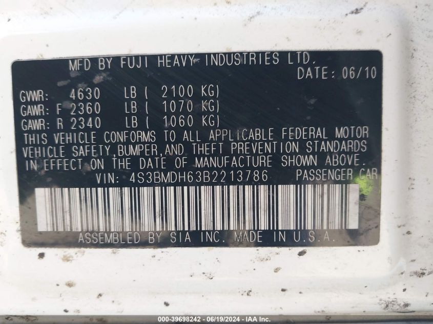 2011 Subaru Legacy 3.6R Premium VIN: 4S3BMDH63B2213786 Lot: 39698242