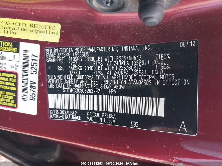 2012 Toyota Sienna Xle V6 8 Passenger VIN: 5TDYK3DC8CS263292 Lot: 39698253