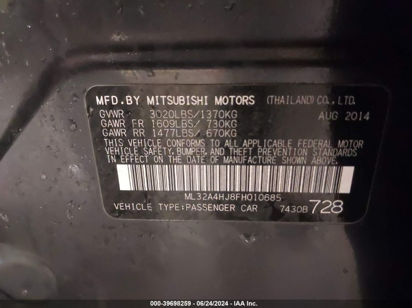 2015 Mitsubishi Mirage Es VIN: ML32A4HJ8FH010685 Lot: 39698259