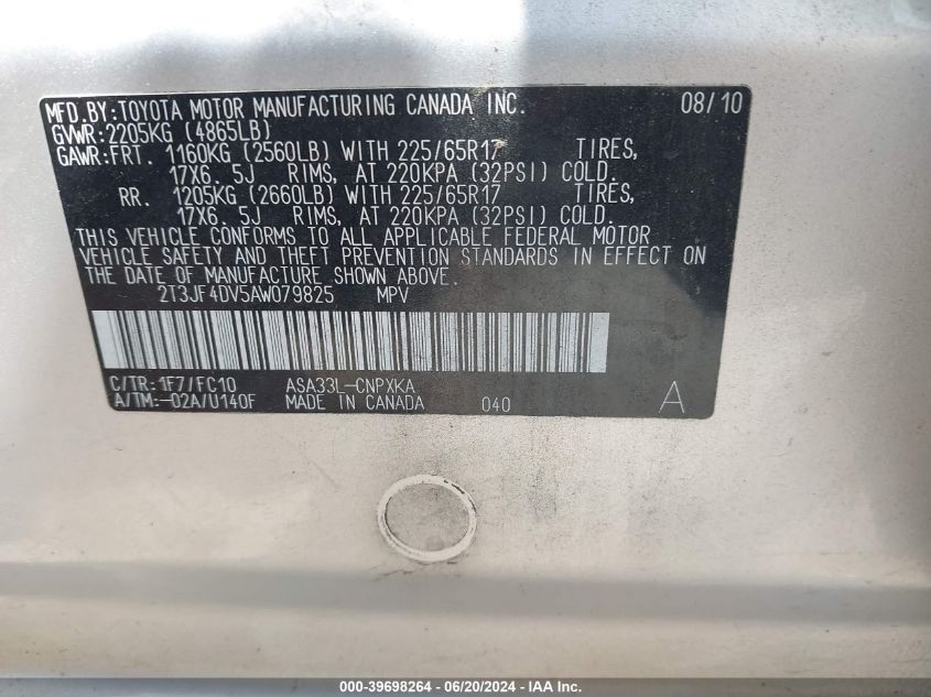 2010 Toyota Rav4 VIN: 2T3JF4DV5AW079825 Lot: 39698264