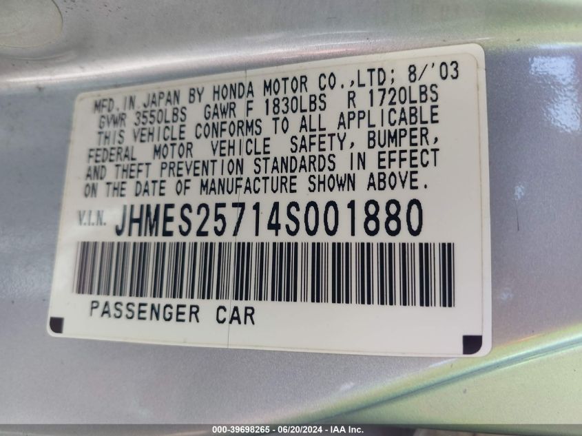 2004 Honda Civic Ex VIN: JHMES25714S001880 Lot: 39698265