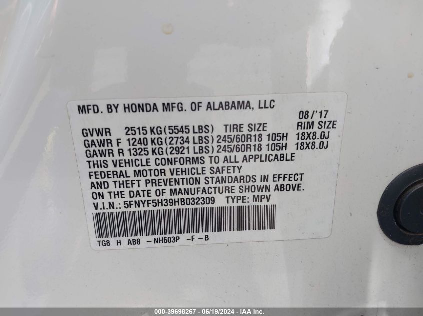 2017 Honda Pilot Ex VIN: 5FNYF5H39HB032309 Lot: 39698267