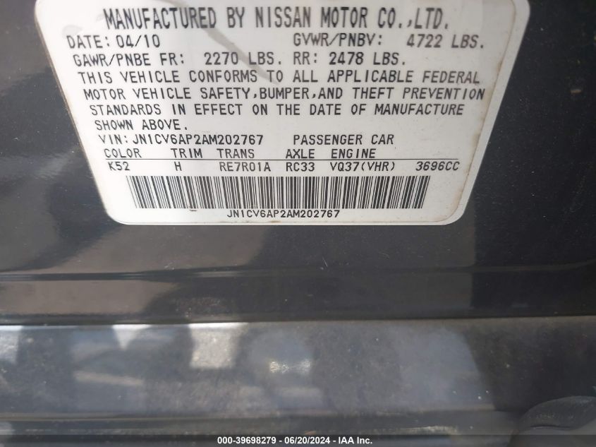 2010 Infiniti G37 Journey VIN: JN1CV6AP2AM202767 Lot: 39698279