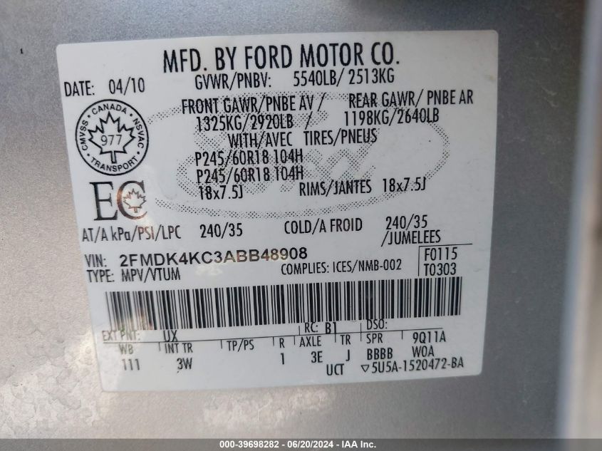 2010 Ford Edge Limited VIN: 2FMDK4KC3ABB48908 Lot: 39698282