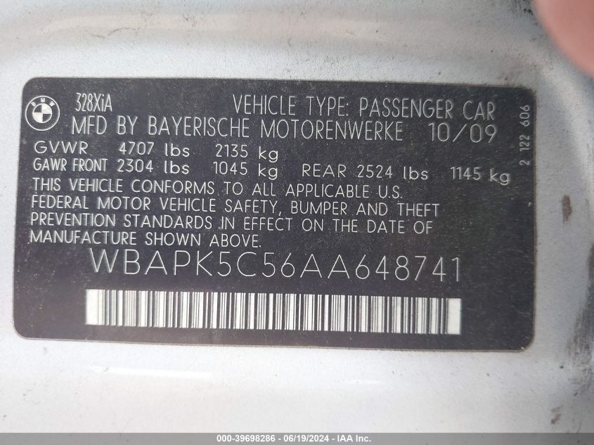 2010 BMW 328I xDrive VIN: WBAPK5C56AA648741 Lot: 39698286