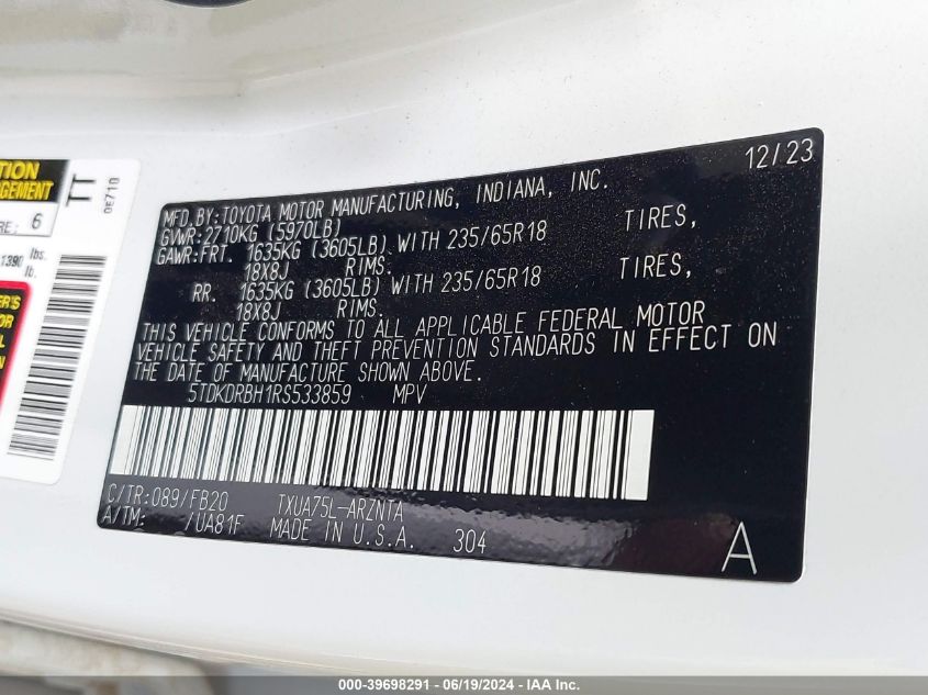 2024 Toyota Highlander Le VIN: 5TDKDRBH1RS533859 Lot: 39698291