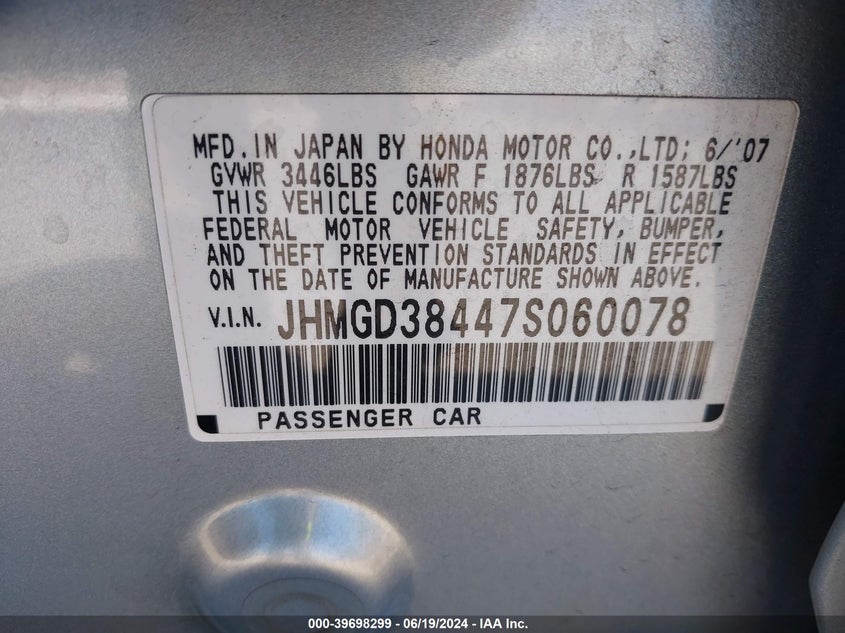 2007 Honda Fit VIN: JHMGD38447S060078 Lot: 39698299