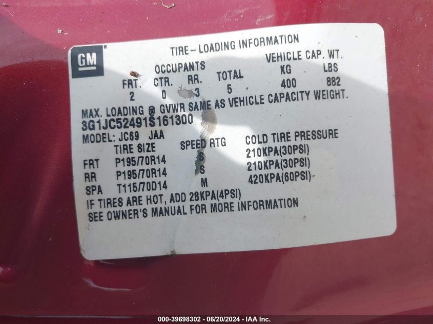 2001 Chevrolet Cavalier VIN: 3G1JC52491S161300 Lot: 39698302