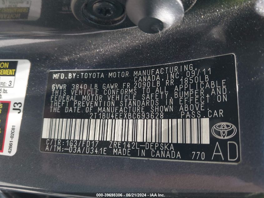 2011 Toyota Corolla S/Le VIN: 2T1BU4EEXBC693628 Lot: 39698306