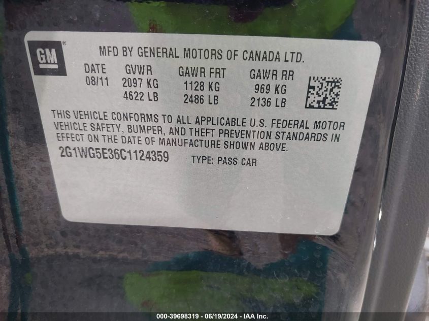 2012 Chevrolet Impala Lt VIN: 2G1WG5E36C1124359 Lot: 39698319