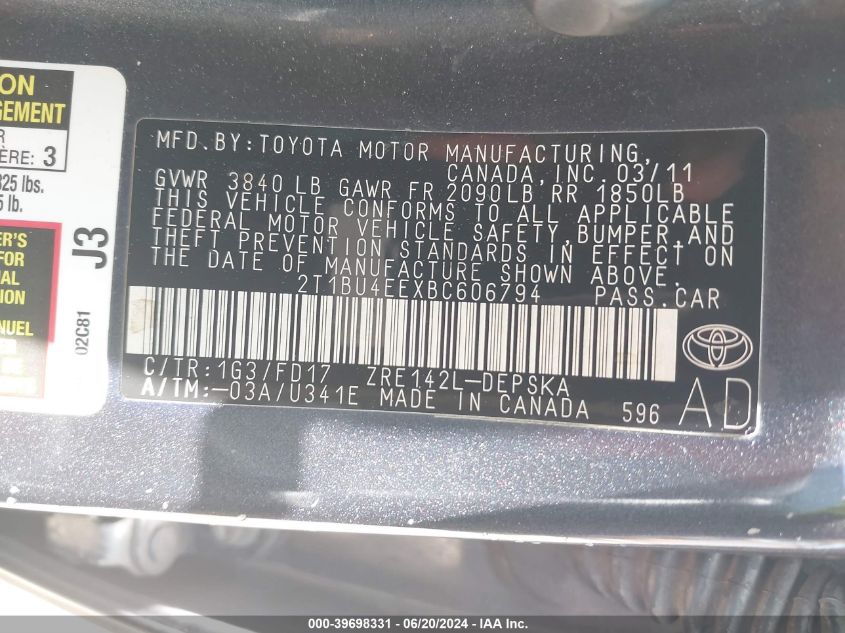 2011 Toyota Corolla S VIN: 2T1BU4EEXBC606794 Lot: 39698331