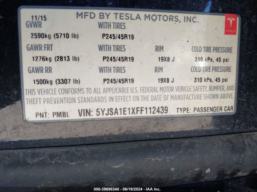 2015 Tesla Model S 60/70/85 VIN: 5YJSA1E1XFF112439 Lot: 39698340