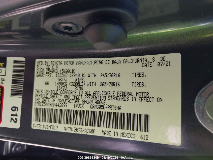 2021 Toyota Tacoma Trd Off-Road VIN: 3TMCZ5AN9MM442899 Lot: 39698349