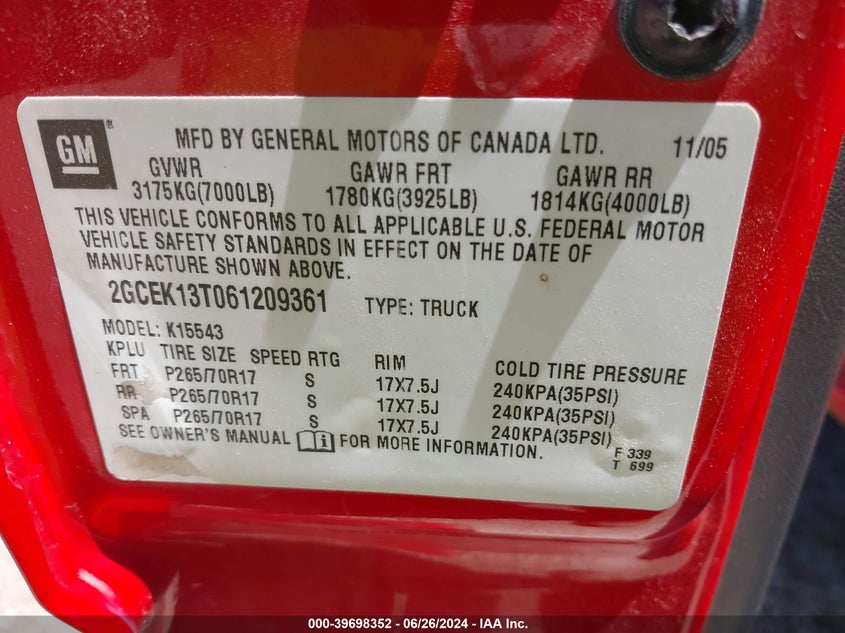 2006 Chevrolet Silverado 1500 Lt1 VIN: 2GCEK13T061209361 Lot: 39698352