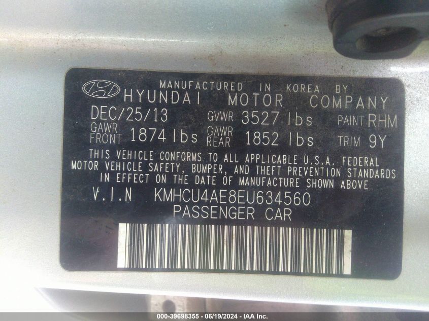 2014 Hyundai Accent Gls VIN: KMHCU4AE8EU634560 Lot: 39698355