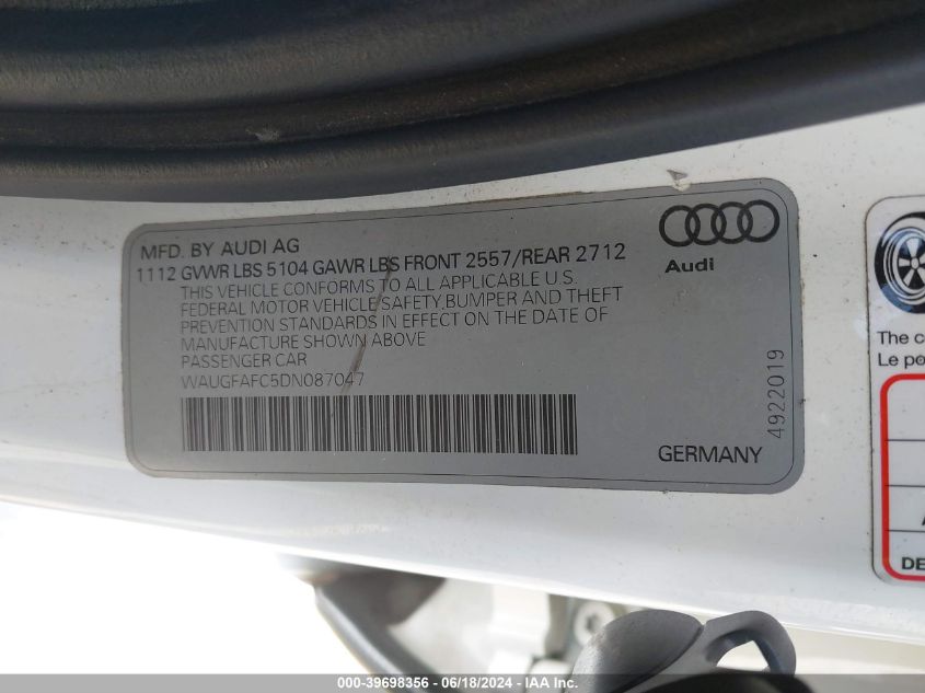 2013 Audi A6 2.0T Premium VIN: WAUGFAFC5DN087047 Lot: 39698356