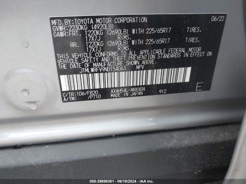 2022 Toyota Rav4 Hybrid Le VIN: JTMLWRFV9ND154063 Lot: 39698361