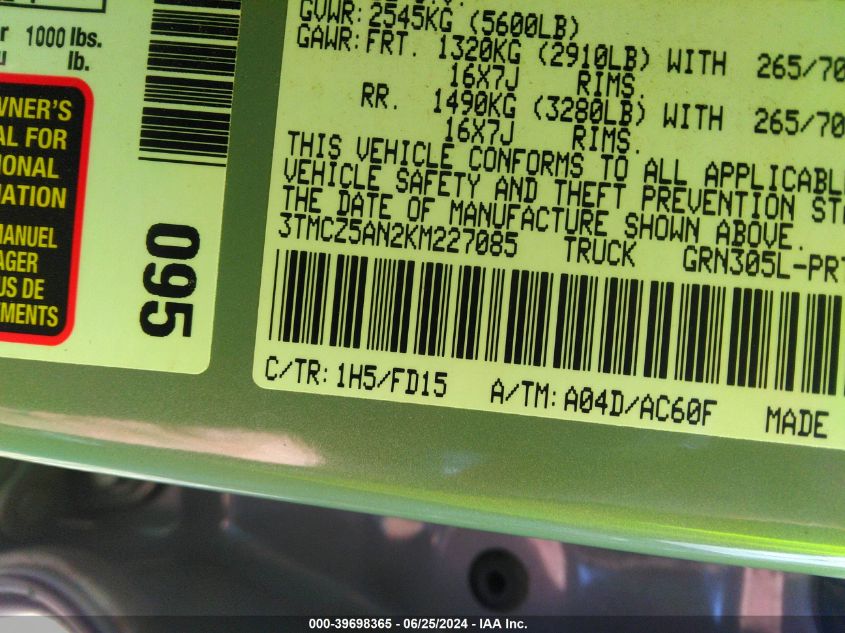 2019 Toyota Tacoma Trd Off Road VIN: 3TMCZ5AN2KM227085 Lot: 39698365