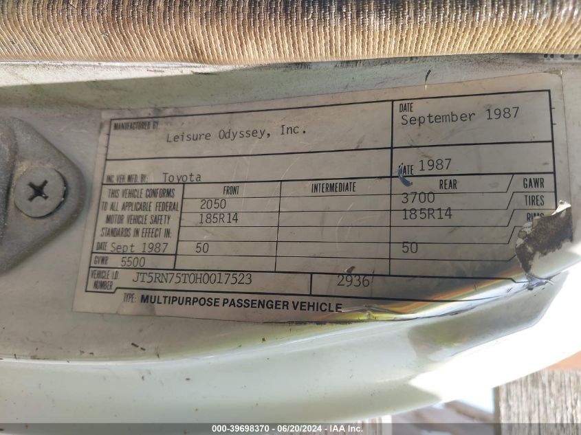 1987 Toyota Pickup Cab Chassis Rn75 VIN: JT5RN75T0H0017523 Lot: 39698370