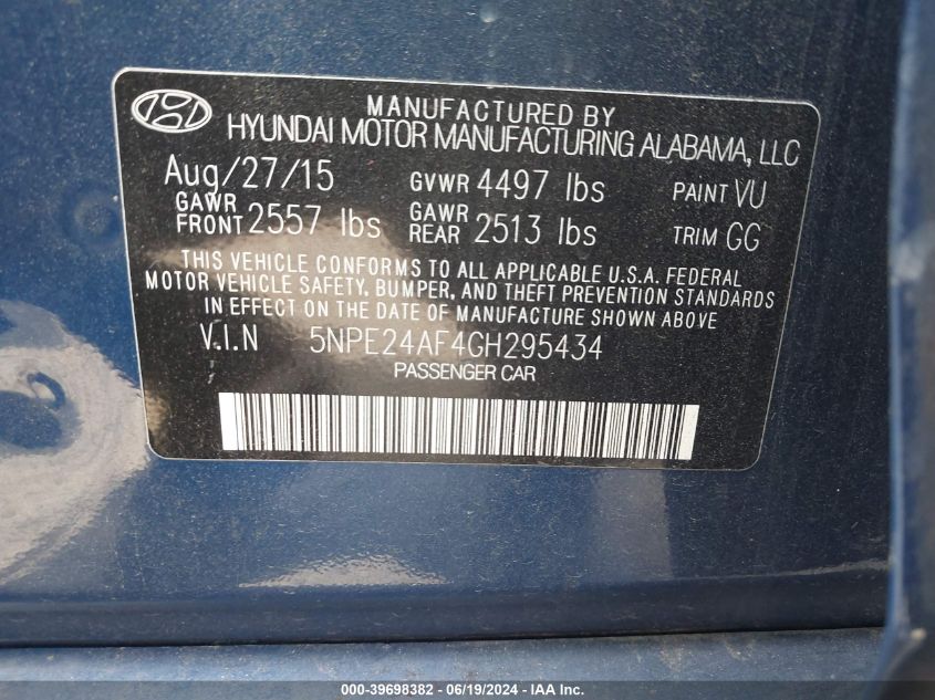 5NPE24AF4GH295434 2016 Hyundai Sonata Se