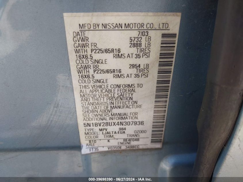 2004 Nissan Quest 3.5 Sl VIN: 5N1BV28UX4N307936 Lot: 39698390