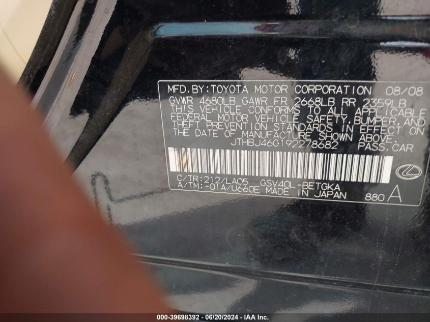 2009 Lexus Es 350 VIN: JTHBJ46G192278682 Lot: 39698392