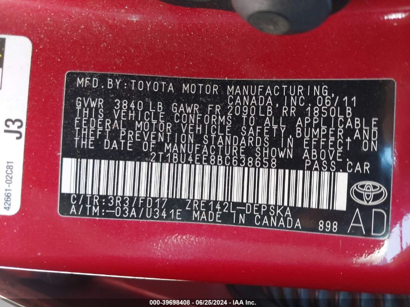 2011 Toyota Corolla Limited VIN: 2T1BU4EE8BC638658 Lot: 39698408