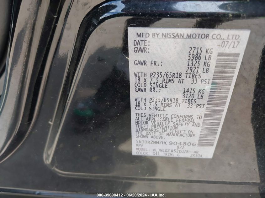 2017 Nissan Pathfinder Sl VIN: 5N1DR2MM7HC904806 Lot: 39698412