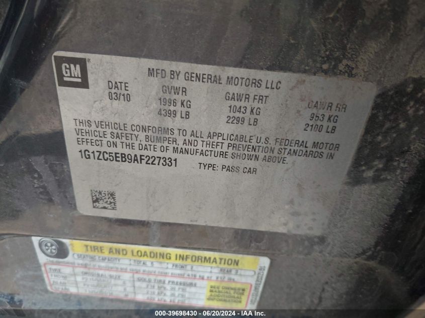 2010 Chevrolet Malibu Lt VIN: 1G1ZC5EB9AF227331 Lot: 39698430