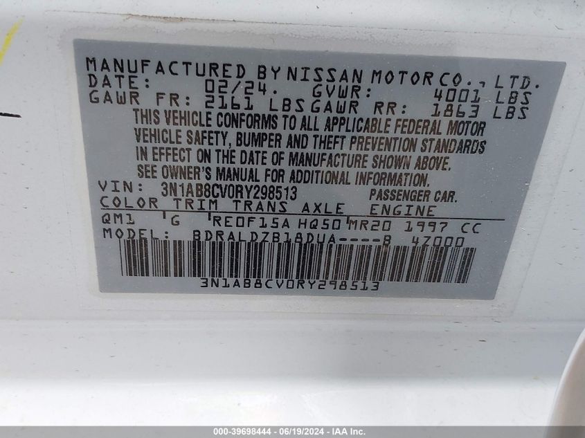 2024 Nissan Sentra Sv Xtronic Cvt VIN: 3N1AB8CVORY298513 Lot: 39698444