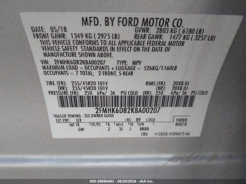 2019 Ford Flex Limited VIN: 2FMHK6D82KBA00207 Lot: 39698463