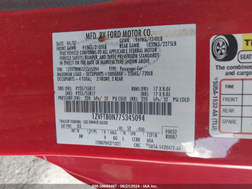 2007 Ford Mustang V6 Deluxe/V6 Premium VIN: 1ZVFT80N775345094 Lot: 39698467