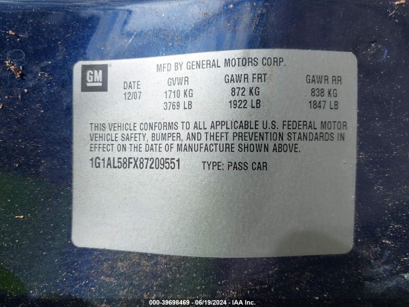 2008 Chevrolet Cobalt Lt VIN: 1G1AL58FX87209551 Lot: 39698469