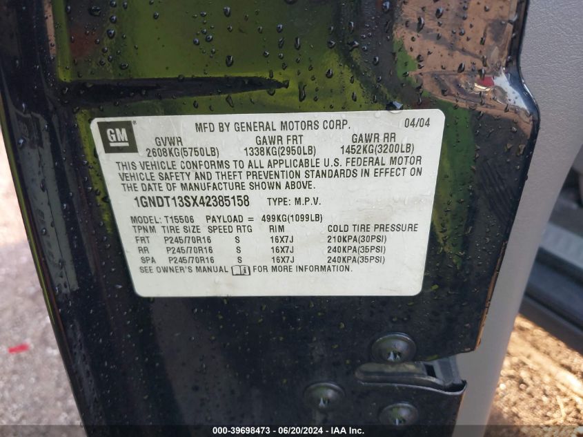 2004 Chevrolet Trailblazer Ls/Lt VIN: 1GNDT13SX42385158 Lot: 39698473