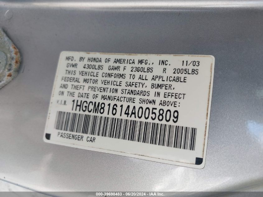 2004 Honda Accord 3.0 Ex VIN: 1HGCM81614A005809 Lot: 39698483