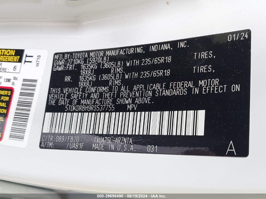 2024 Toyota Highlander Le VIN: 5TDKDRBH9RS537755 Lot: 39698490